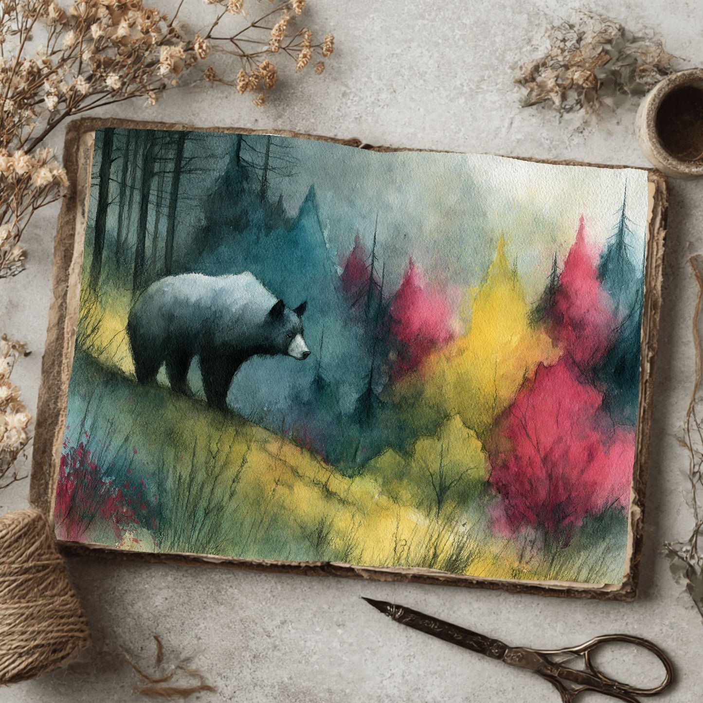 Woodland Bear Watercolor Landscape