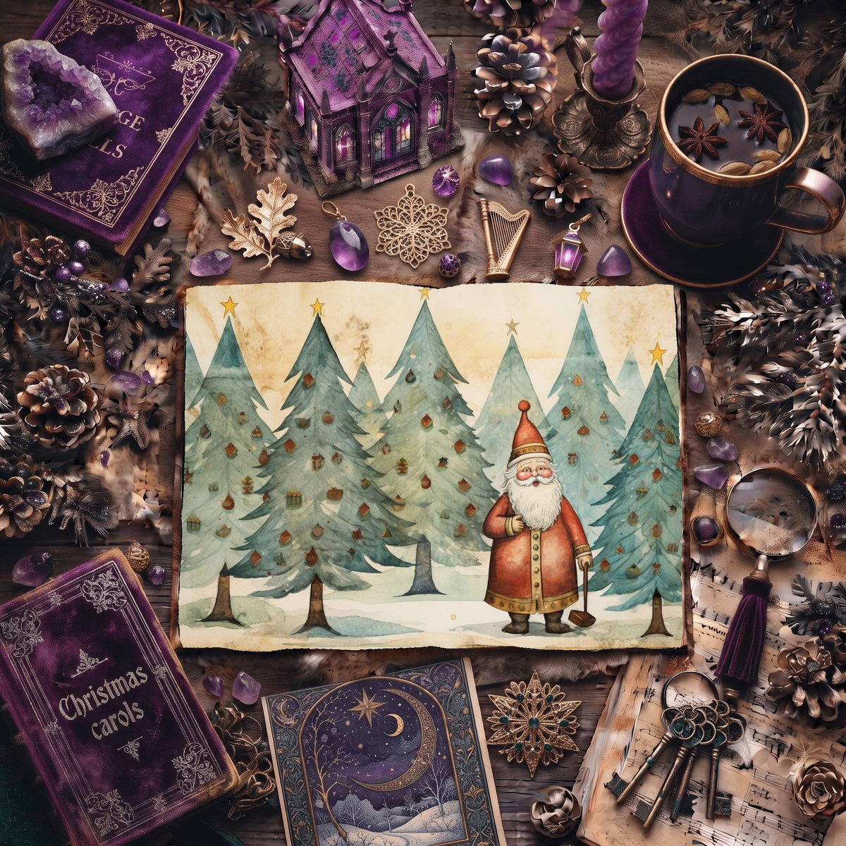 Christmas Santa Claus And Trees Digital Papers