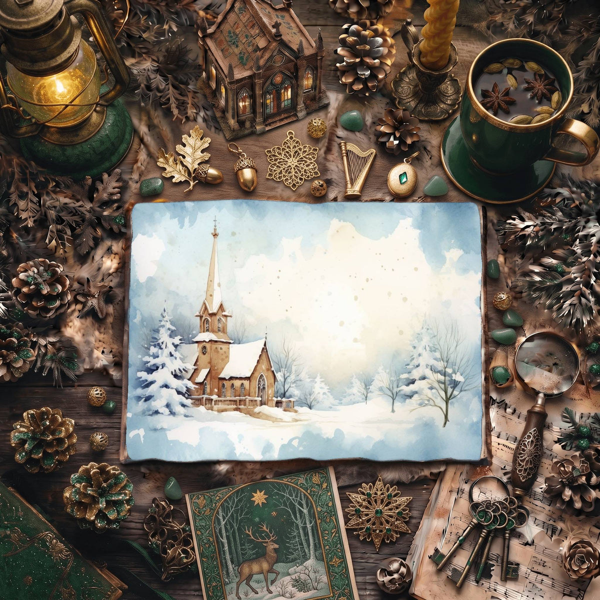 Christmas Snowy Church Digital Papers