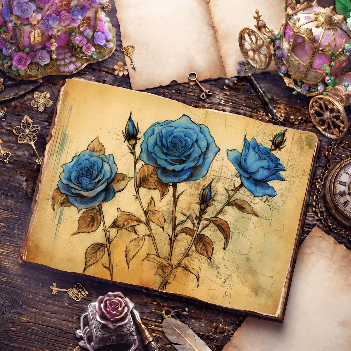 Decaying Blue Roses Digital Papers