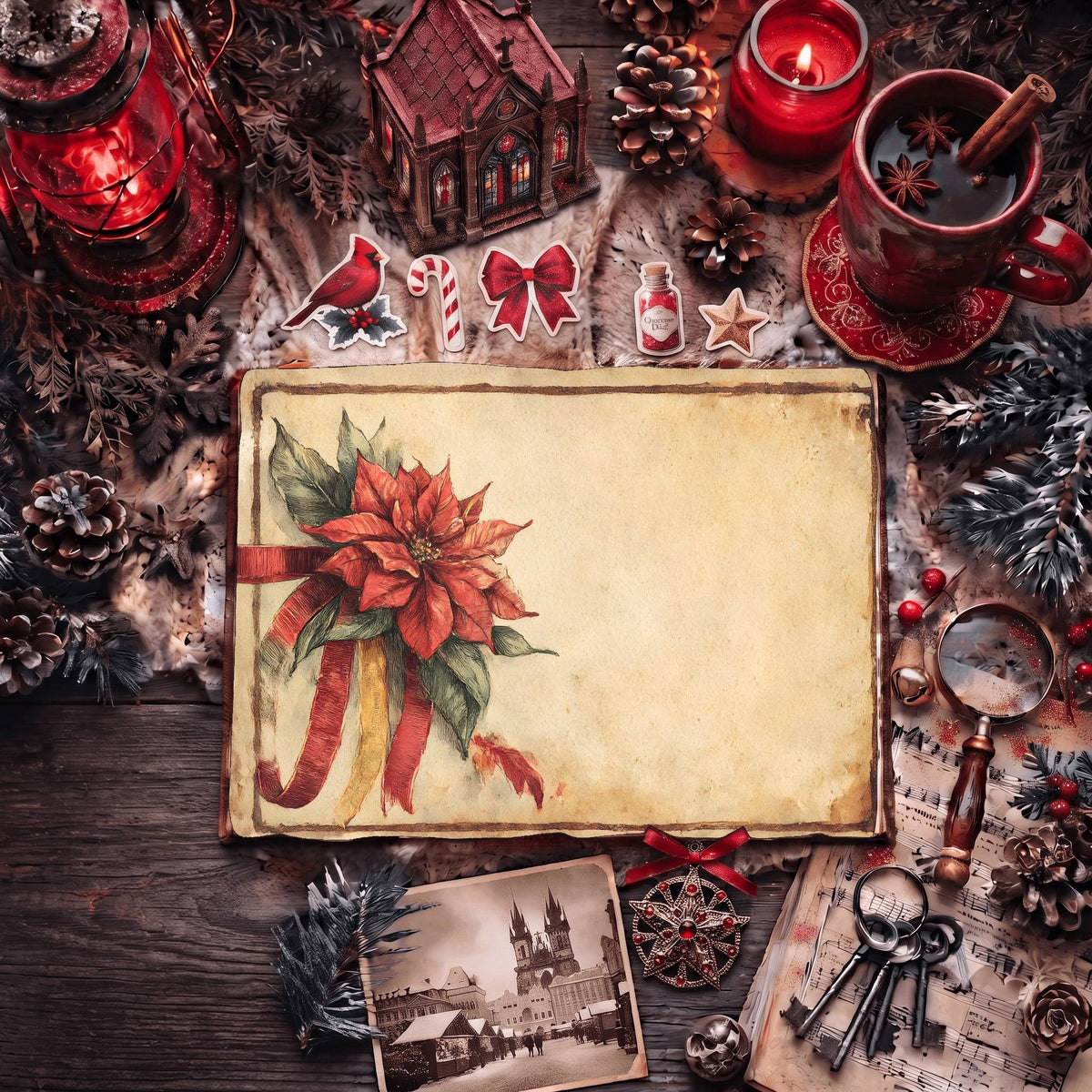 Festive Poinsettia Ribbon Design Digital Papers