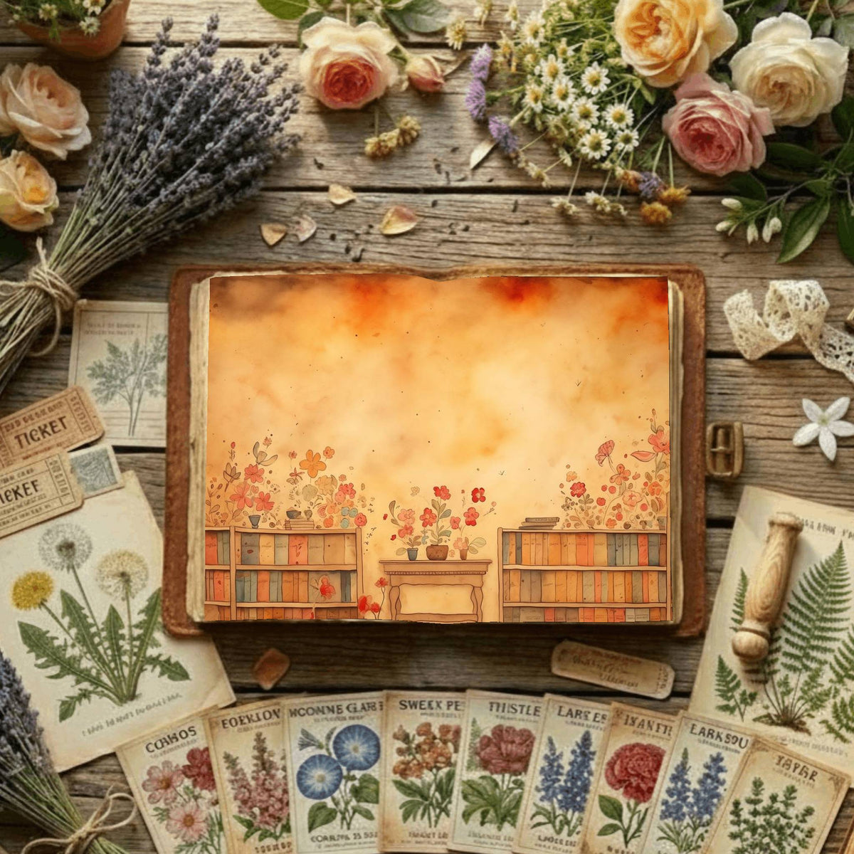 Floral Bookcase Digital Papers