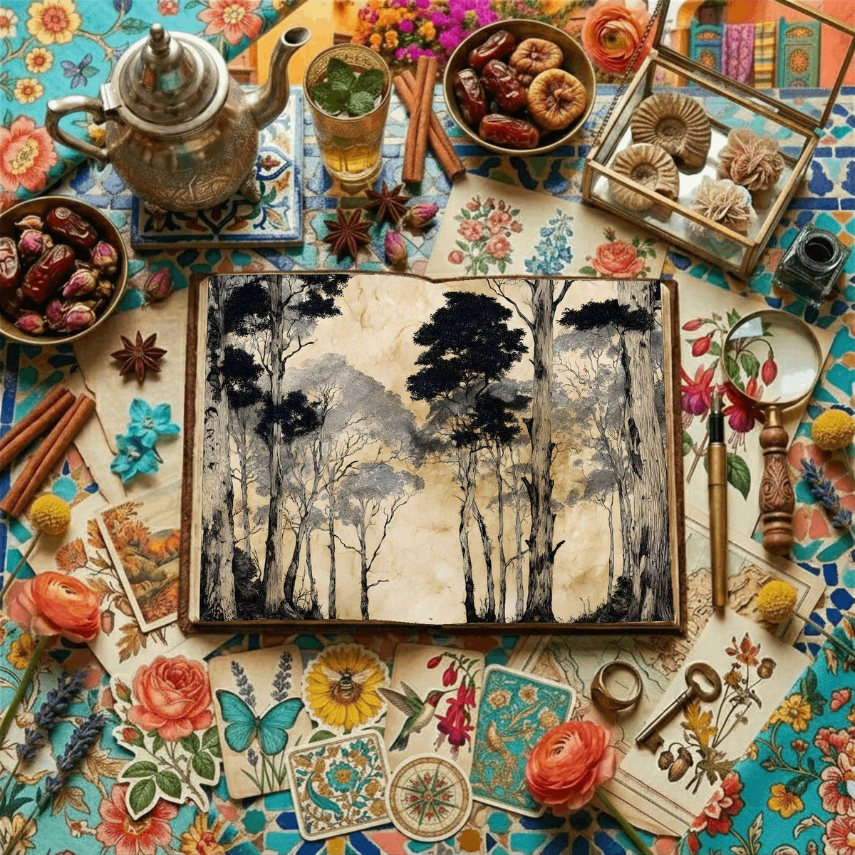 Lined Ancient Forest Tall Trees Digital Papers