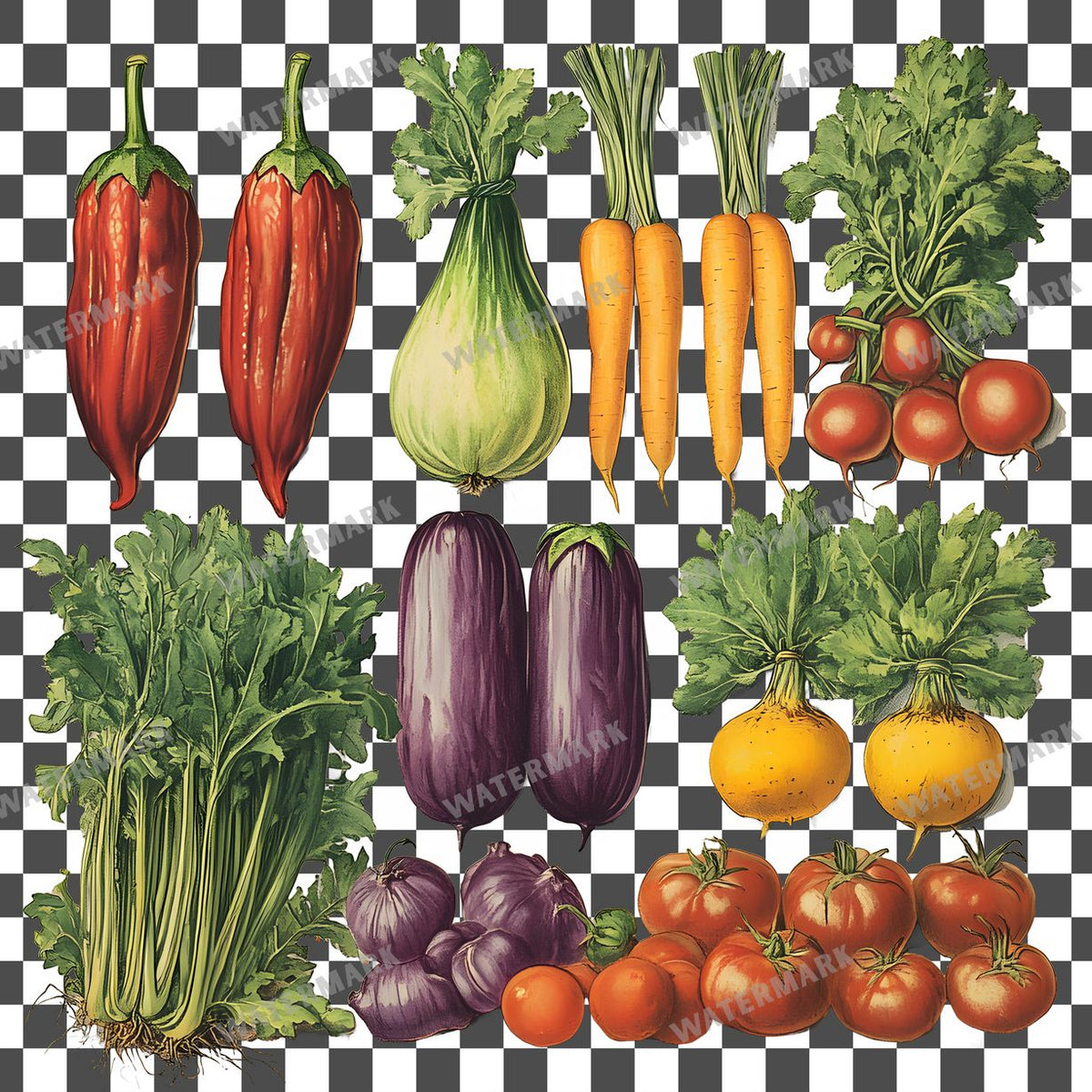 Vegetables Vintage Style Clipart Pngs