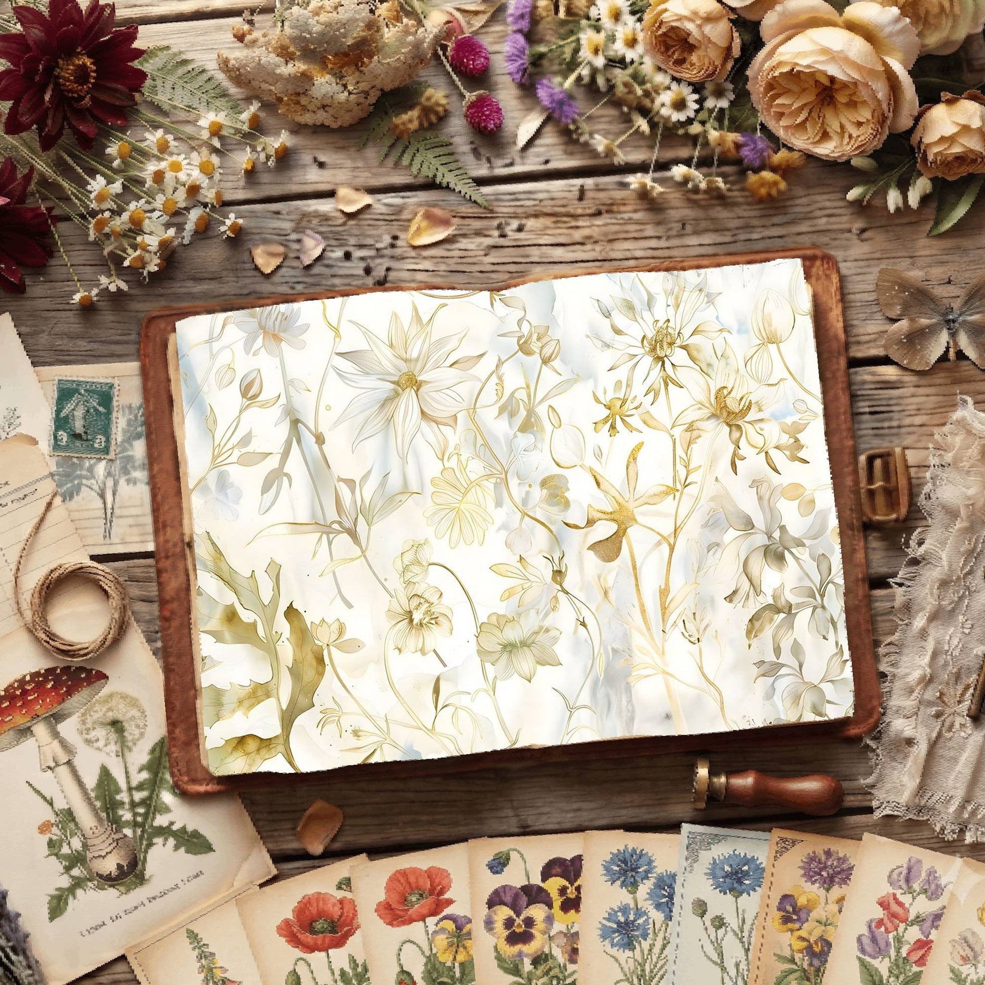White Background Florals Digital Papers