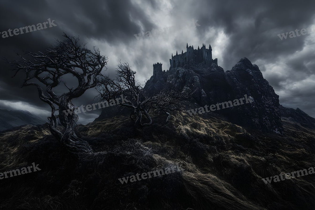 Witch’Castle On Dark Mountain In Storm Backdrop Images