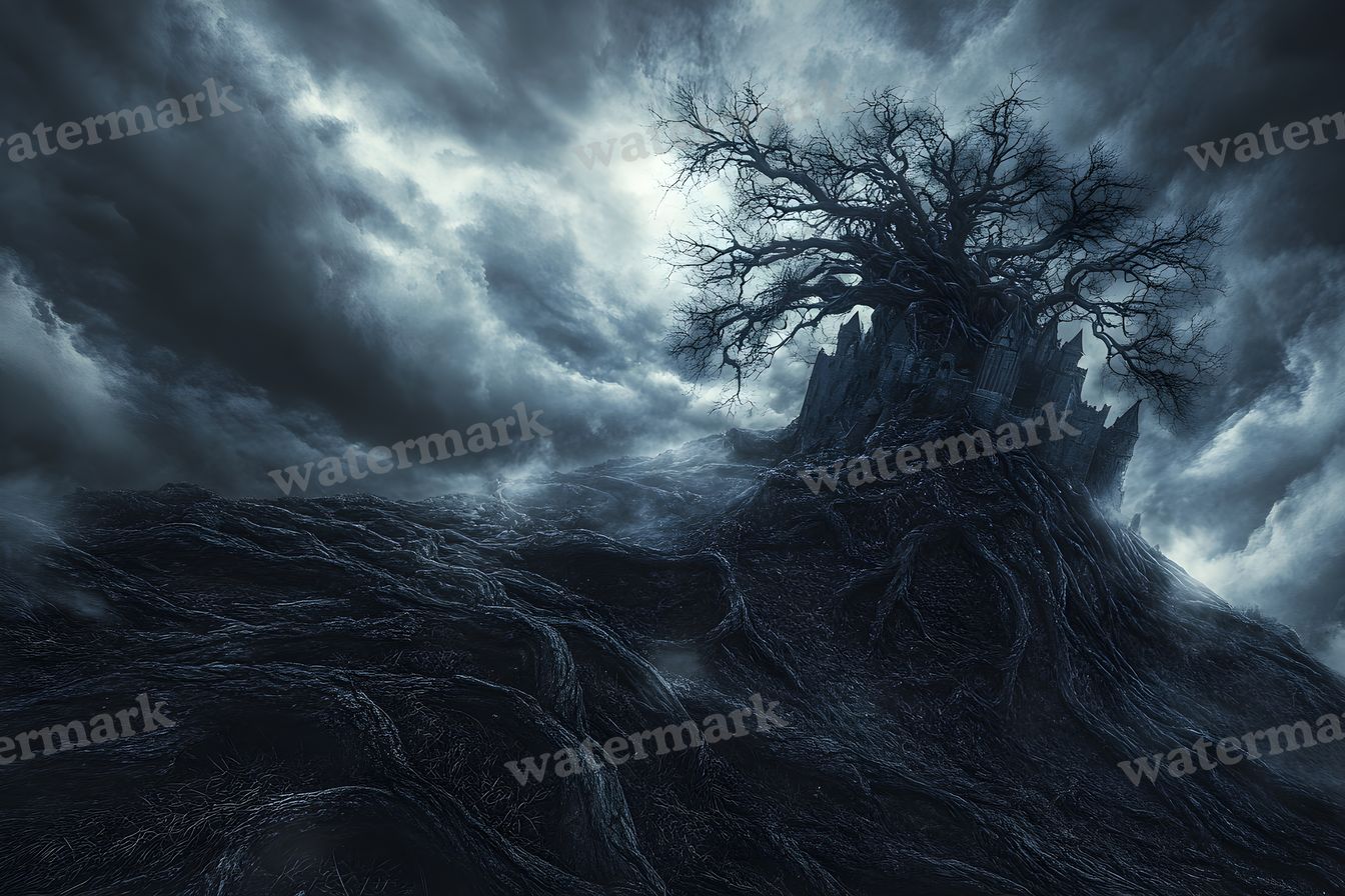 Witch’Castle On Dark Mountain In Storm Backdrop Images