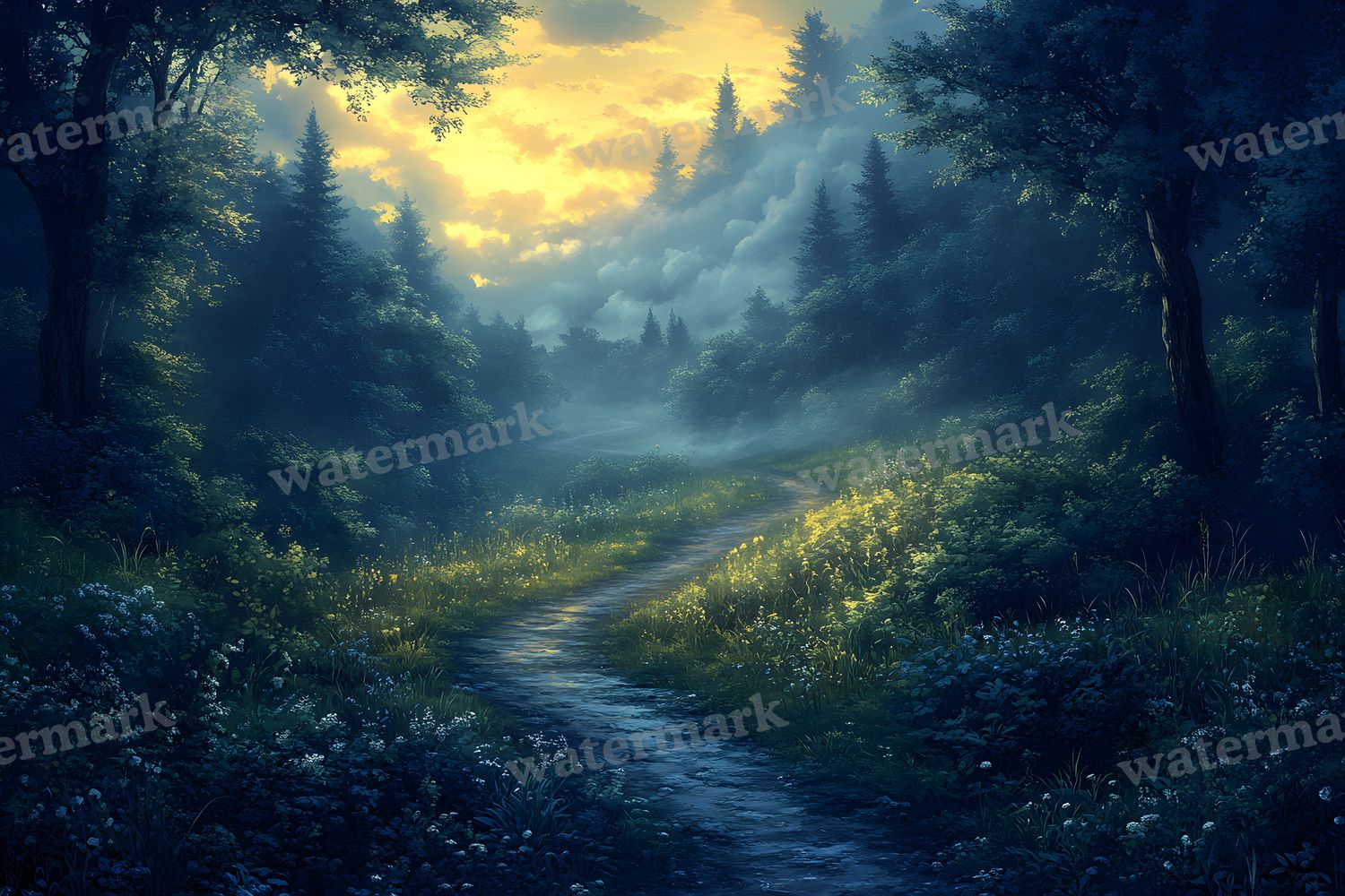 Wooded Trail At Dusk Backdrop Images