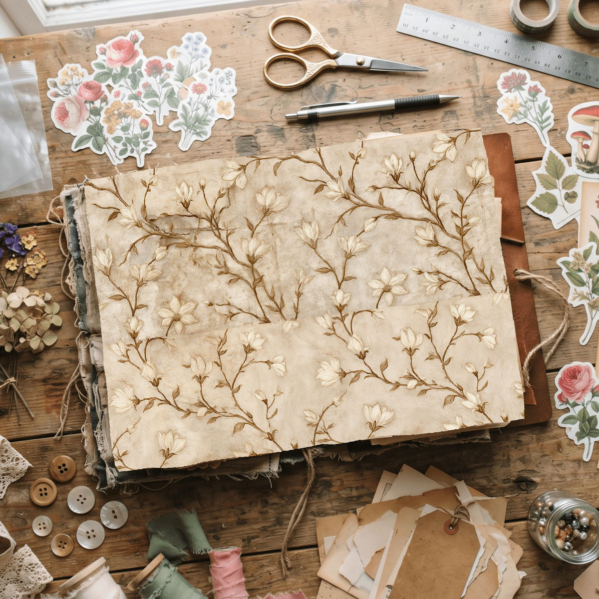 Aged Sepia Floral Vine Wallpaper