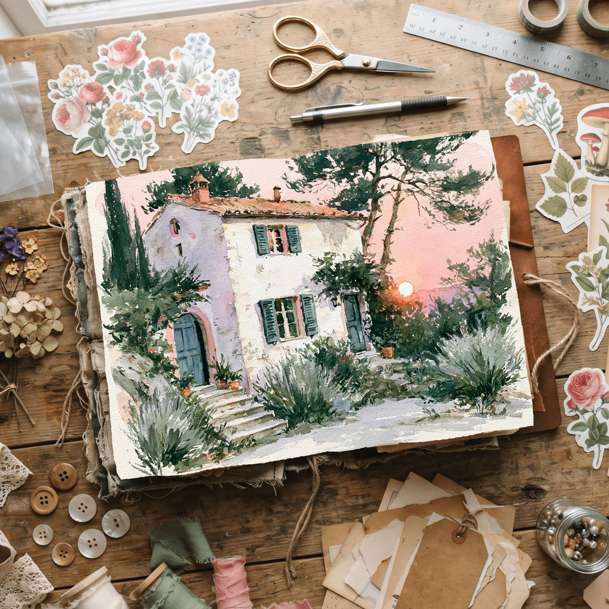 Airy Tuscany Watercolor Landscape