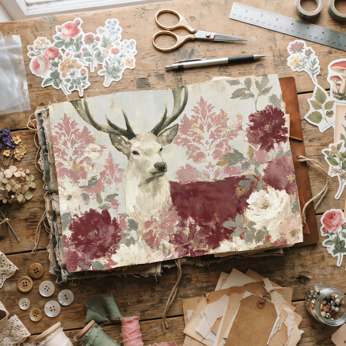 Majestic Stag Damask Botanical Art