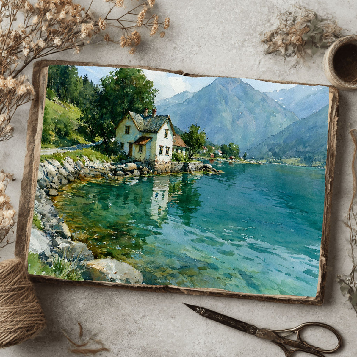 Norwegian Fjord Watercolor Landscape