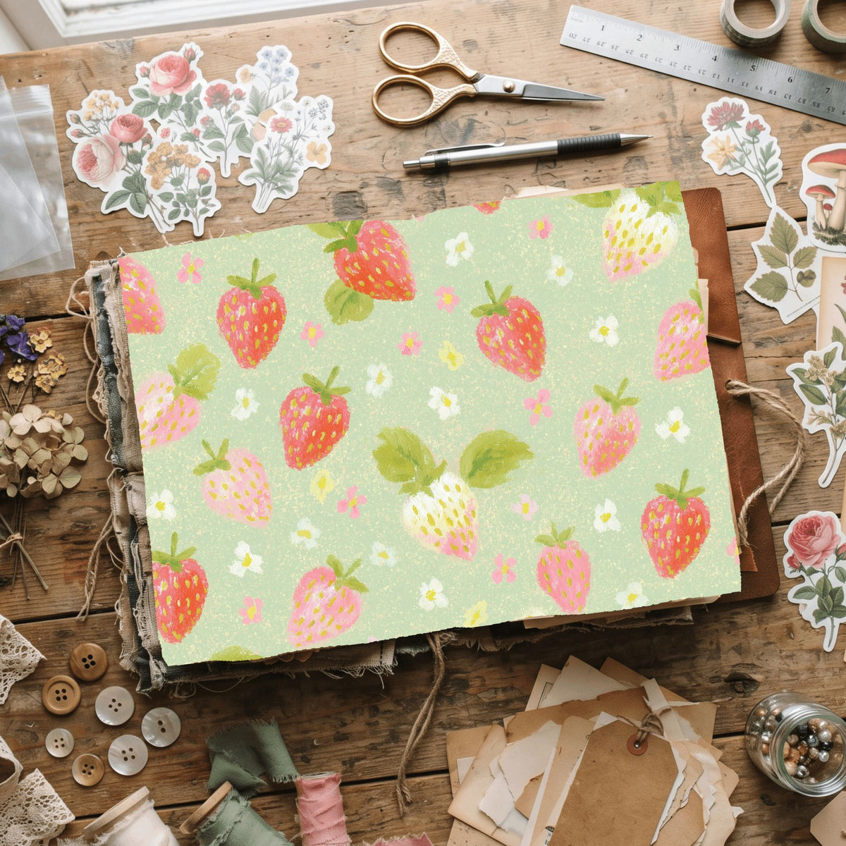 Strawberry Botanical Scrapbook Paper