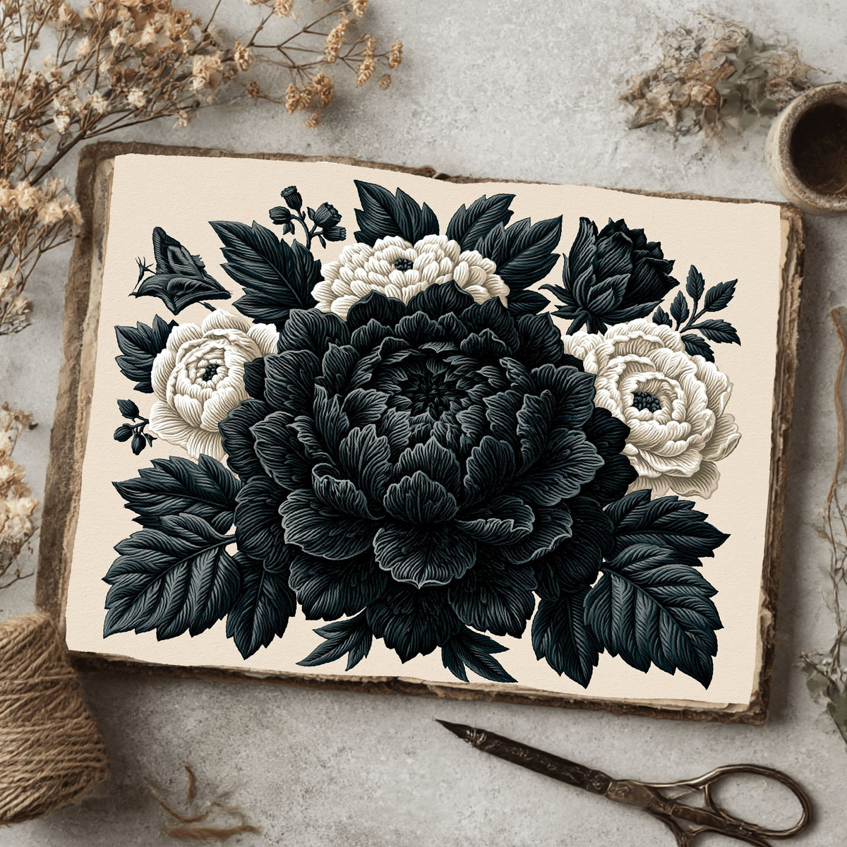 Vintage Black Ink Floral Illustration