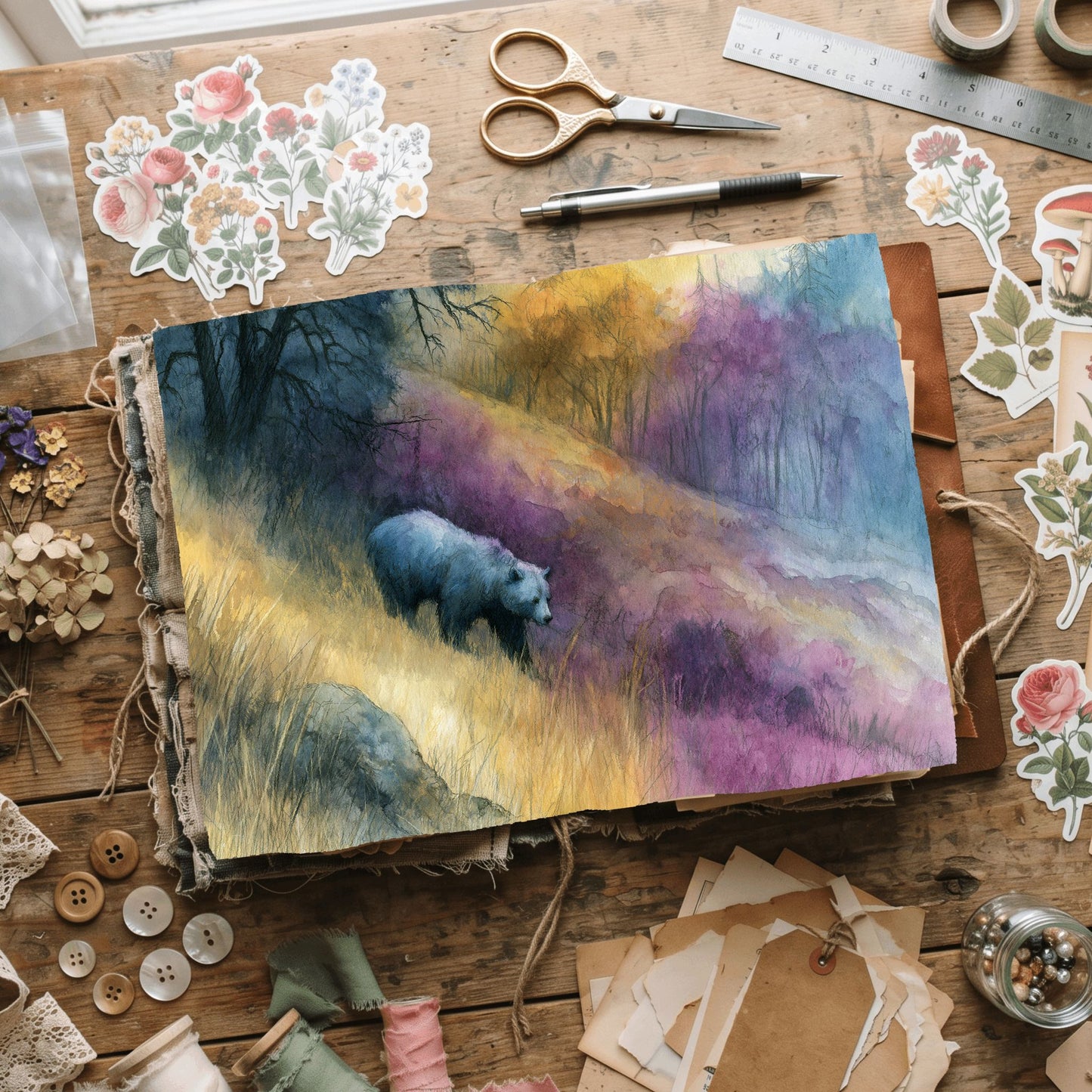 Woodland Bear Watercolor Landscape