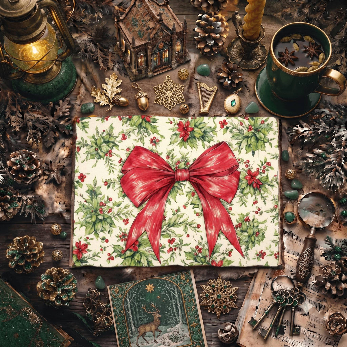 Christmas Red Ribbon Decorated Digital Papers