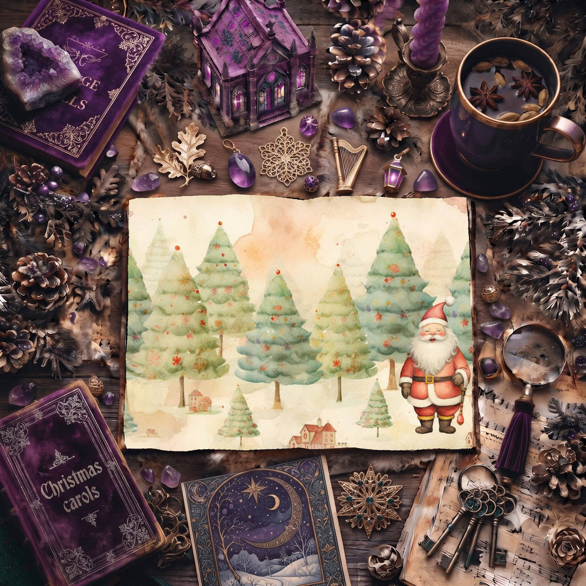 Christmas Santa Claus And Trees Digital Papers