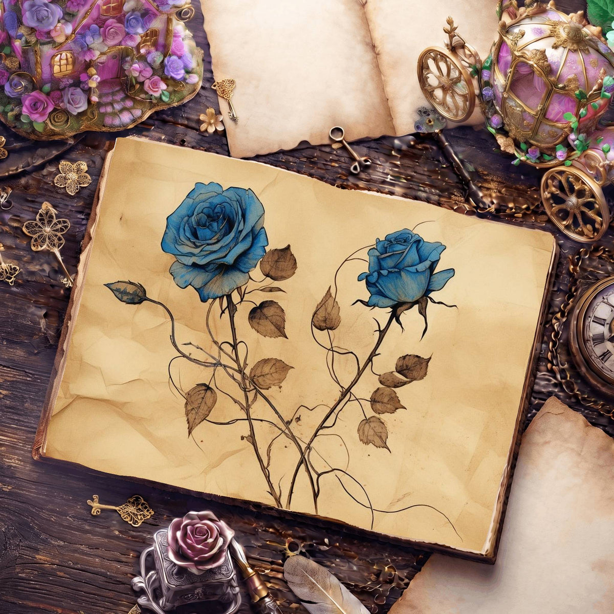 Decaying Blue Roses Digital Papers