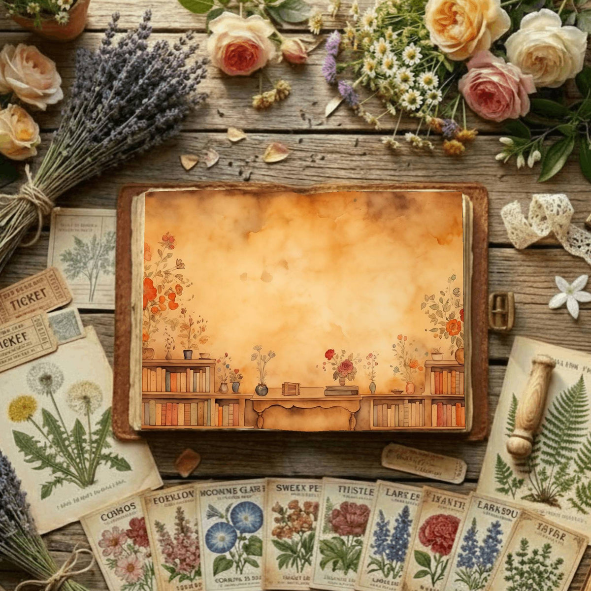 Floral Bookcase Digital Papers