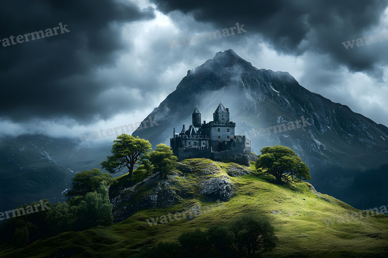 Witch’Castle On Dark Mountain In Storm Backdrop Images