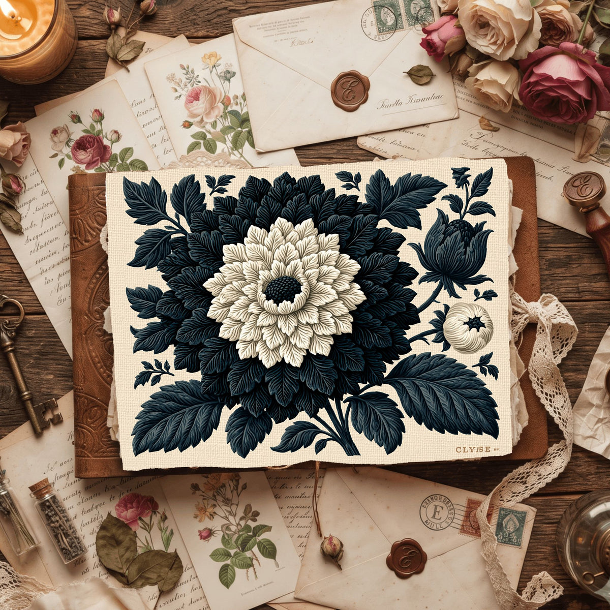 Vintage Black Ink Floral Illustration