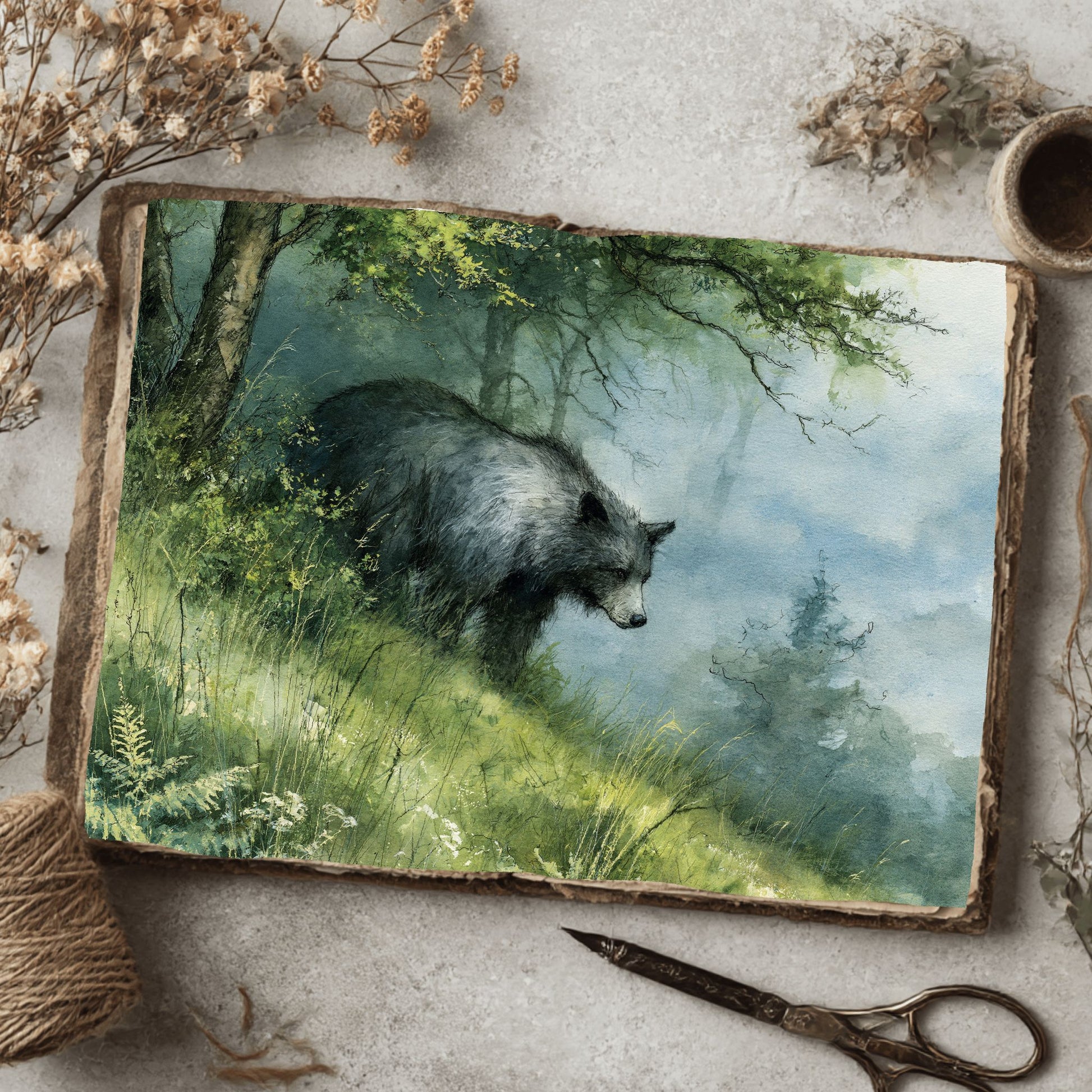 Woodland Bear Watercolor Landscape