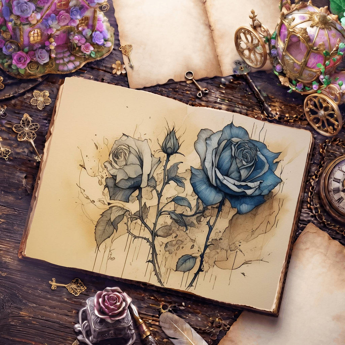 Decaying Blue Roses Digital Papers