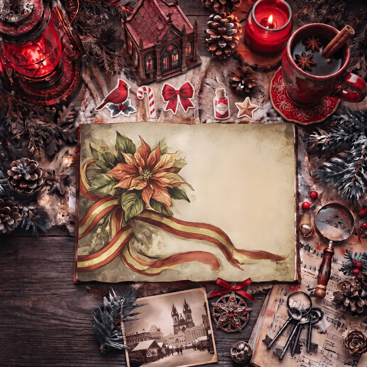 Festive Poinsettia Ribbon Design Digital Papers