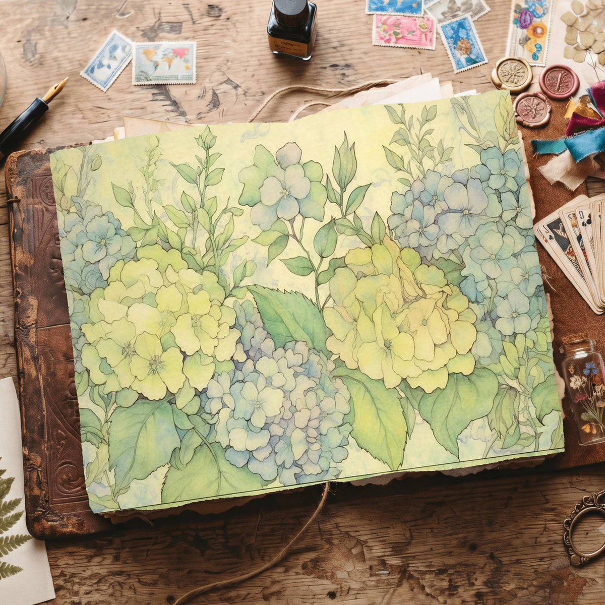 Green Hydrangea Digital Papers