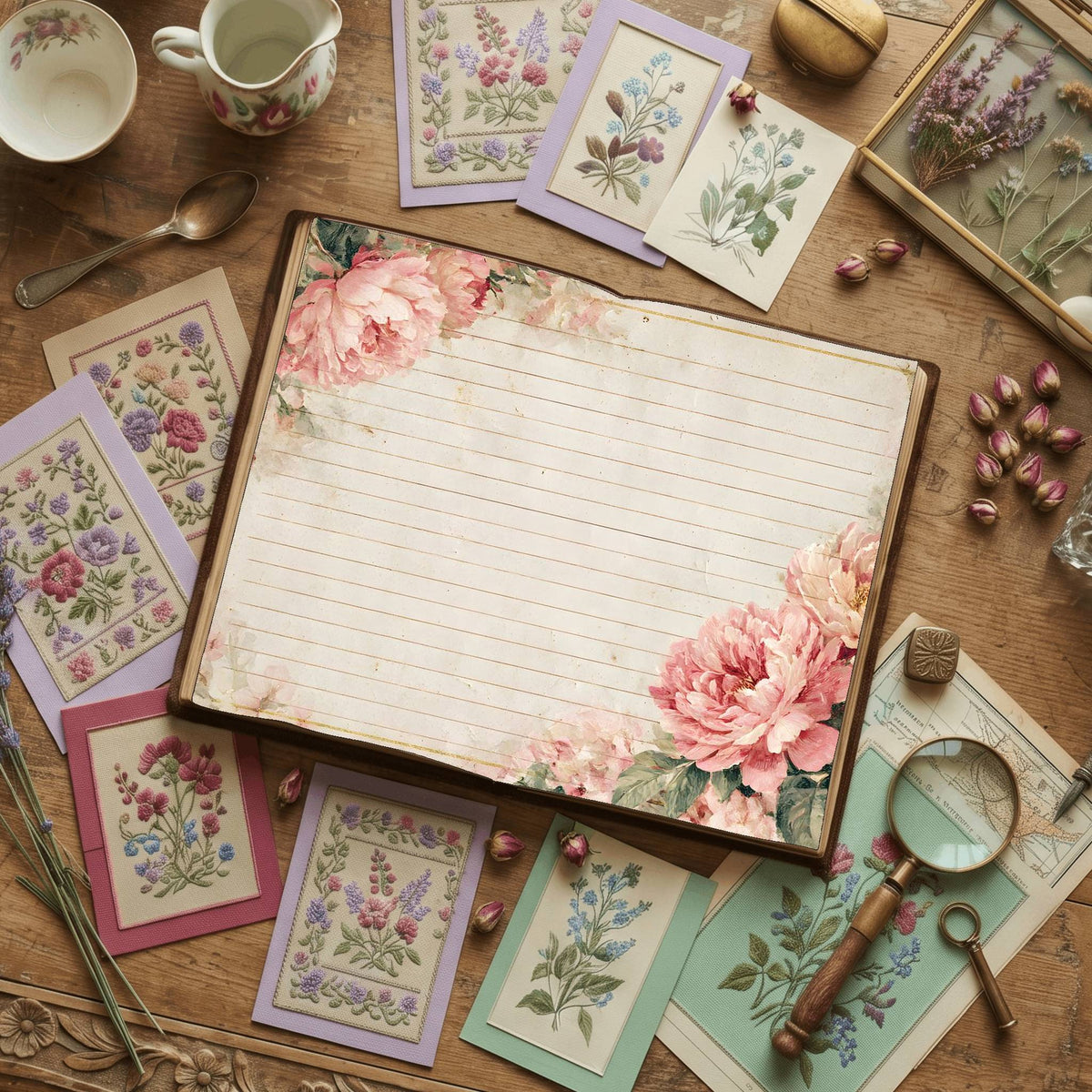 Lined Pink Peony Digital Papers