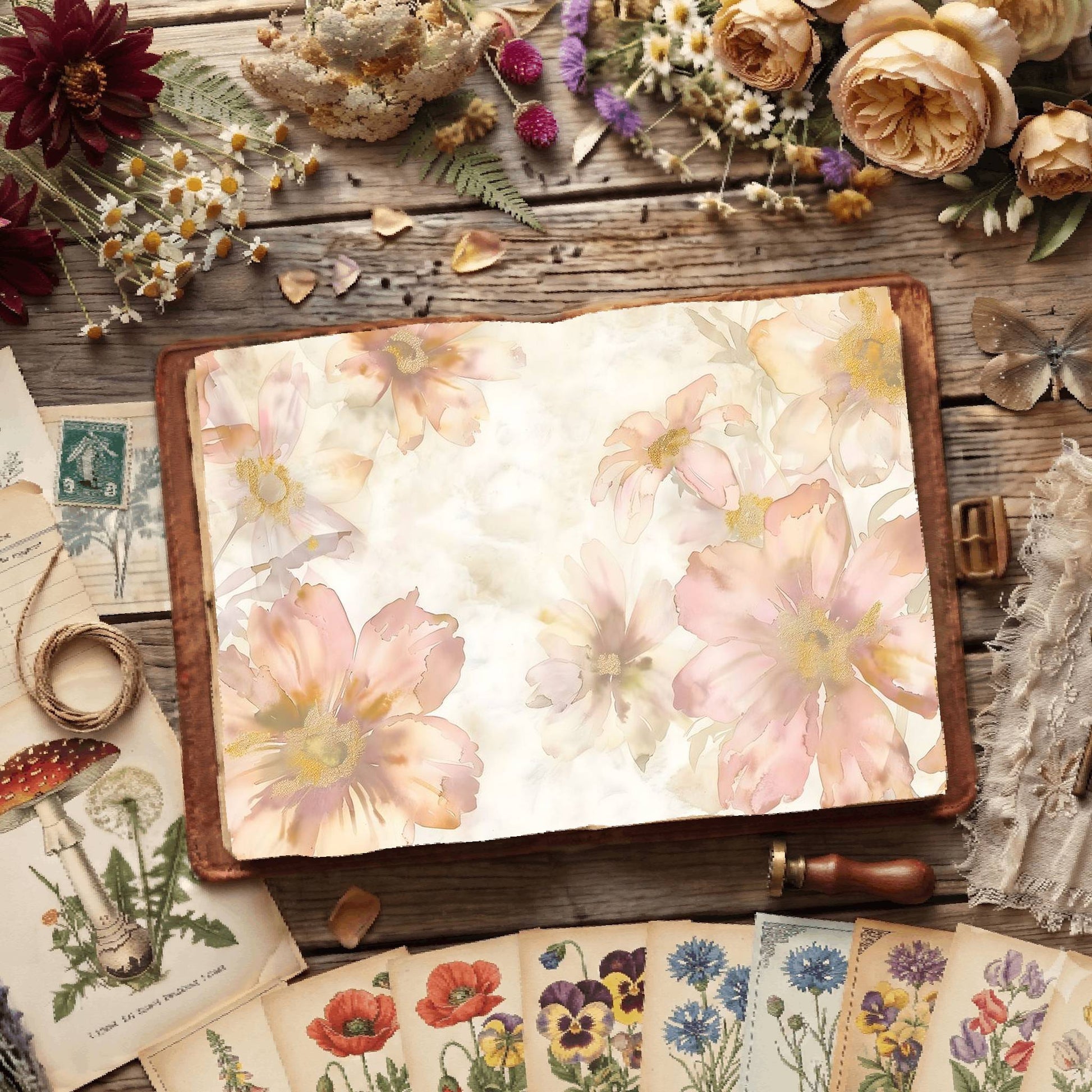 White Background Florals Digital Papers