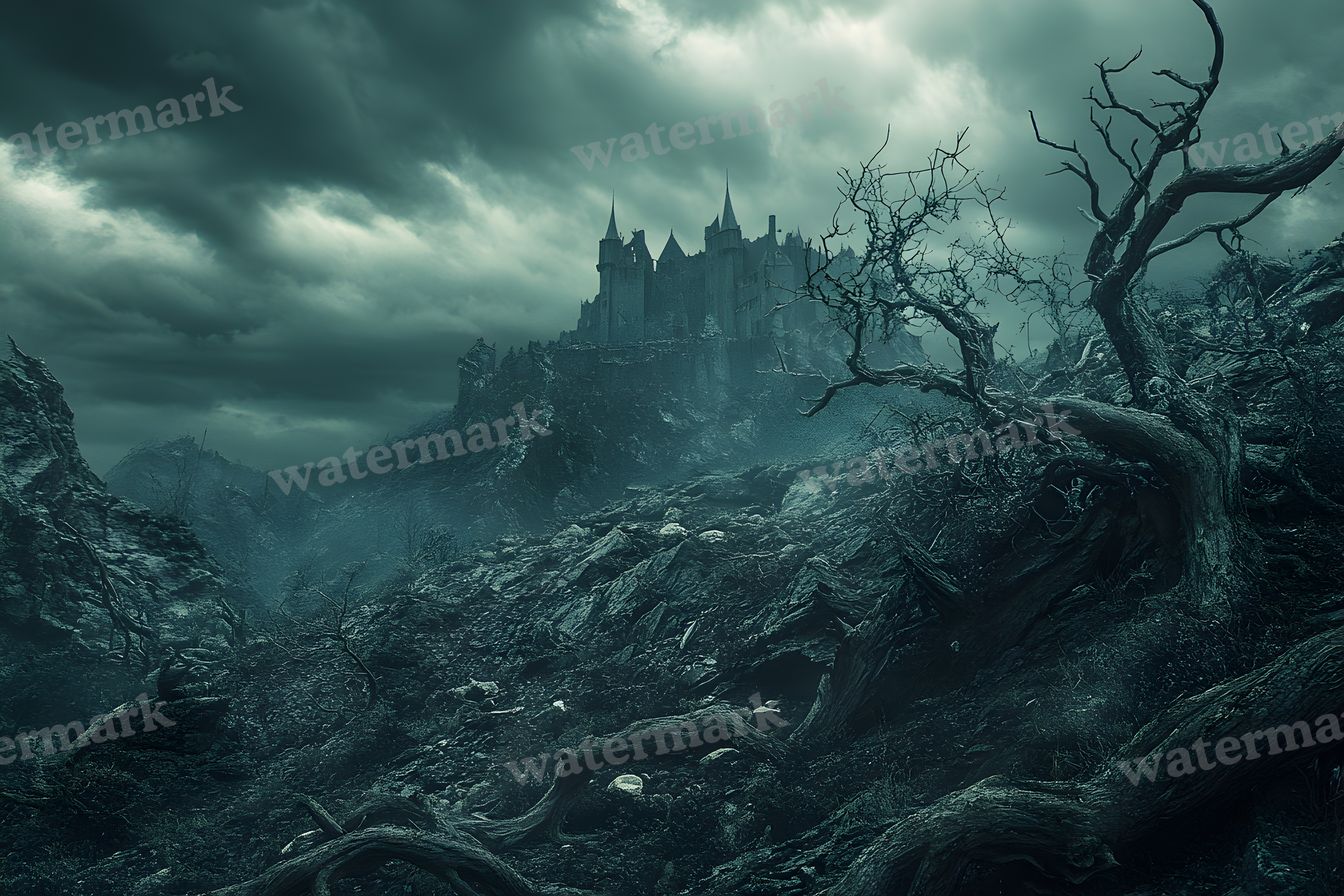 Witch’Castle On Dark Mountain In Storm Backdrop Images