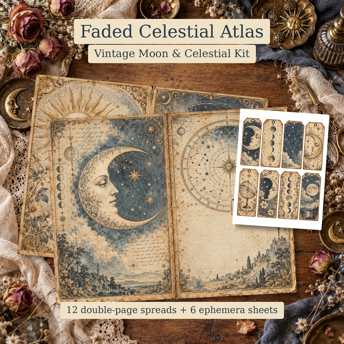 Faded Celestial Atlas Junk Journal Kit - 12 Double-Page Spreads + 6 Ephemera Sheets