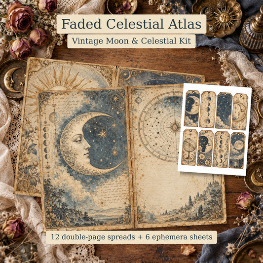 Faded Celestial Atlas Junk Journal Kit - 12 Double-Page Spreads + 6 Ephemera Sheets