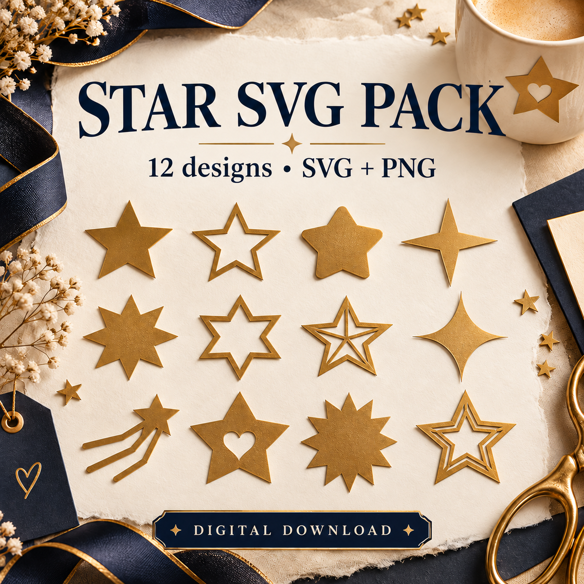 Star SVG Pack – 12 Star Designs with Transparent PNGs for Paper Crafts, Vinyl and Sublimation