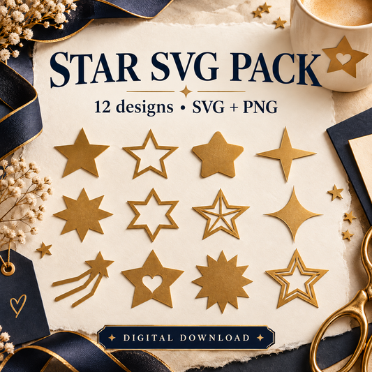 Star SVG Pack – 12 Star Designs with Transparent PNGs for Paper Crafts, Vinyl and Sublimation