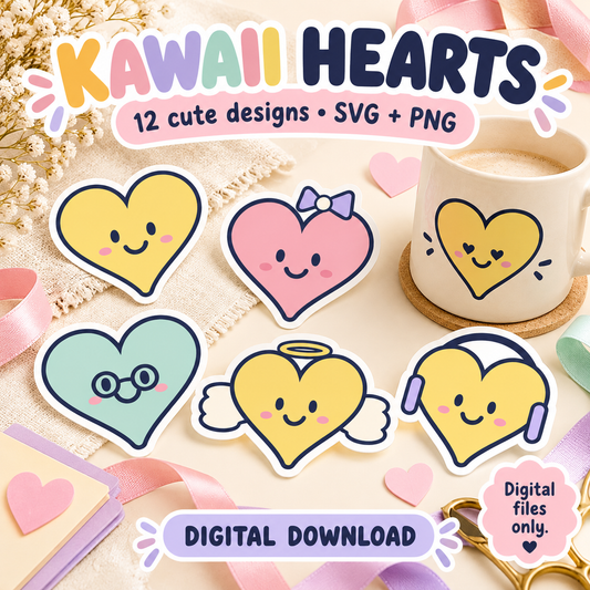 Kawaii Hearts SVG Pack – 12 Cute Pastel Heart Characters with Transparent PNGs for Crafts and Sublimation
