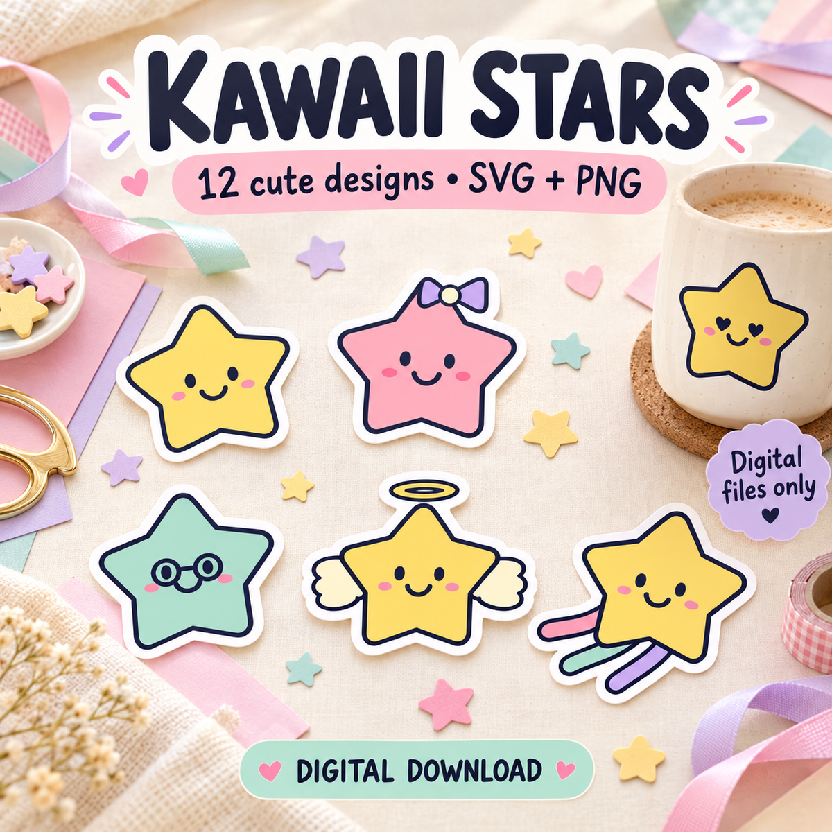 Kawaii Stars SVG Pack – 12 Cute Pastel Star Characters with Transparent PNGs for Crafts and Sublimation
