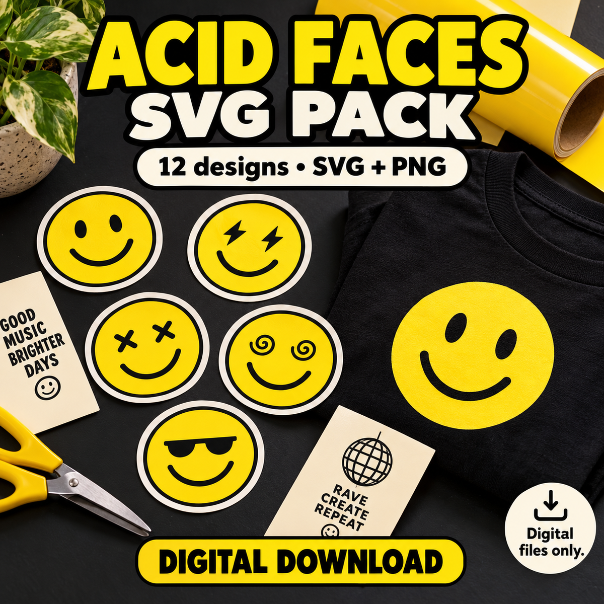 Acid Faces SVG Pack – 12 Yellow Smiley Designs with Transparent PNGs for Retro Rave Crafts and Sublimation