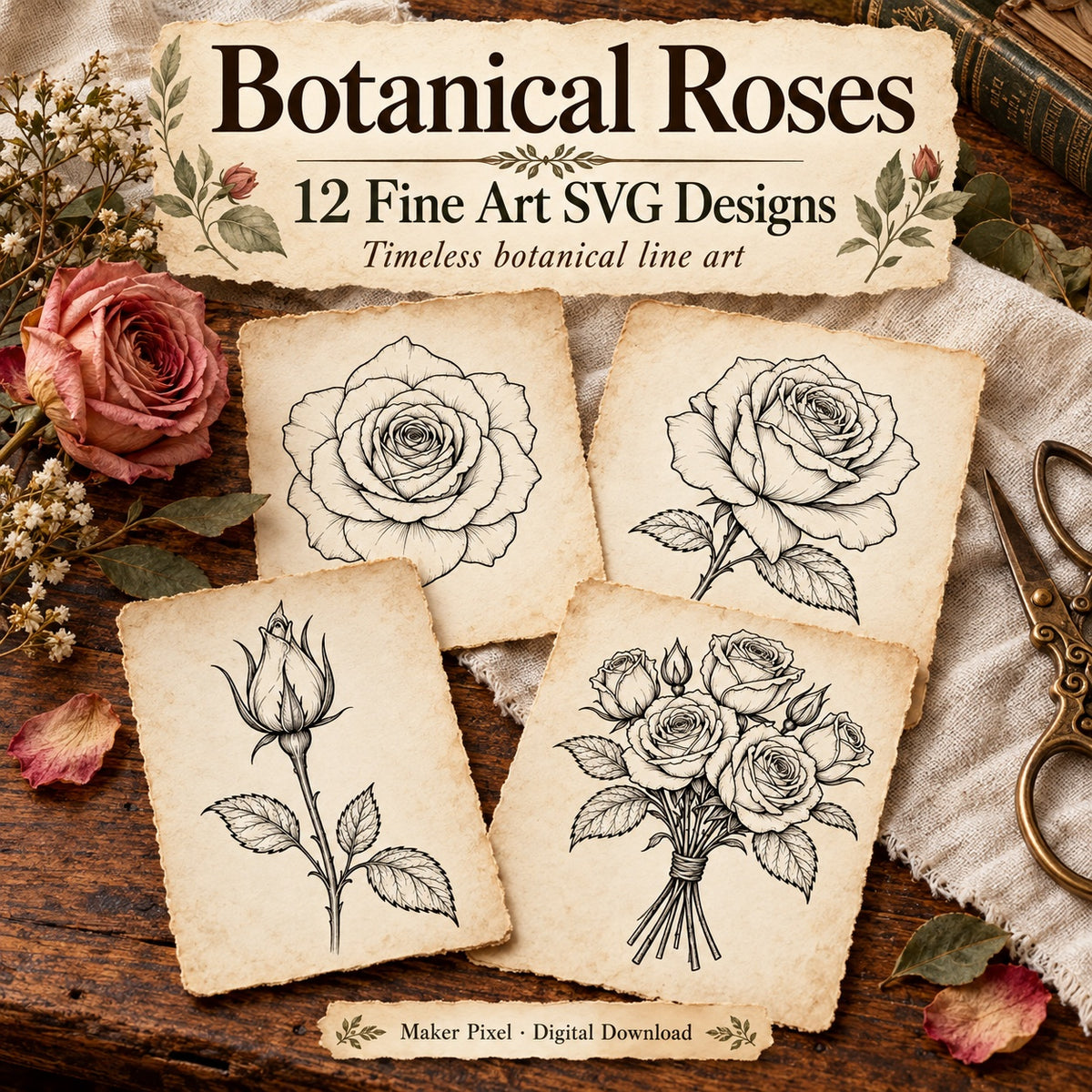 Botanical Roses SVG Pack – 12 Vintage Fine Art Line Drawings