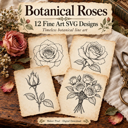 Botanical Roses SVG Pack – 12 Vintage Fine Art Line Drawings
