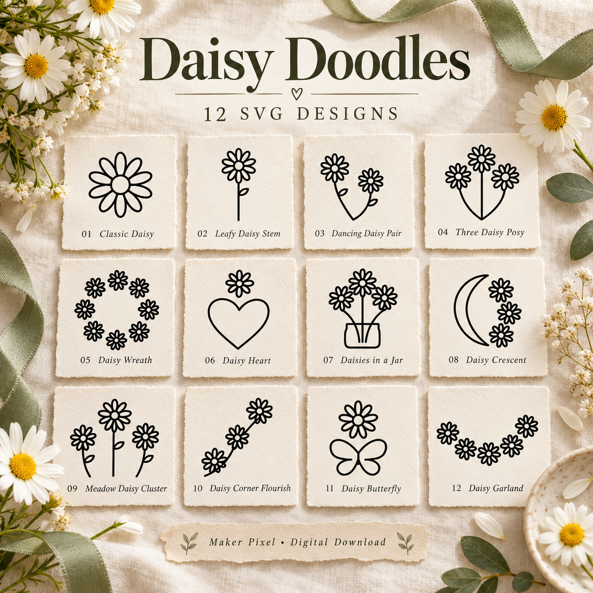 Daisy Doodles SVG Pack – 12 Simple Floral Line Art Designs