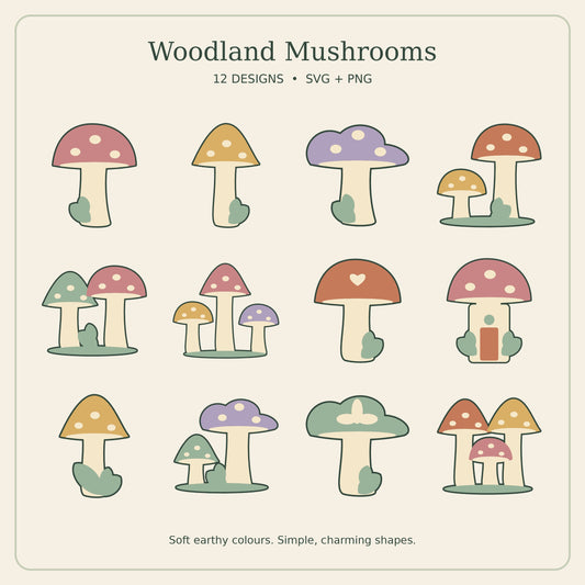Woodland Mushroom SVG Pack, 12 Cottagecore Cut Designs and Transparent PNGs for Crafts