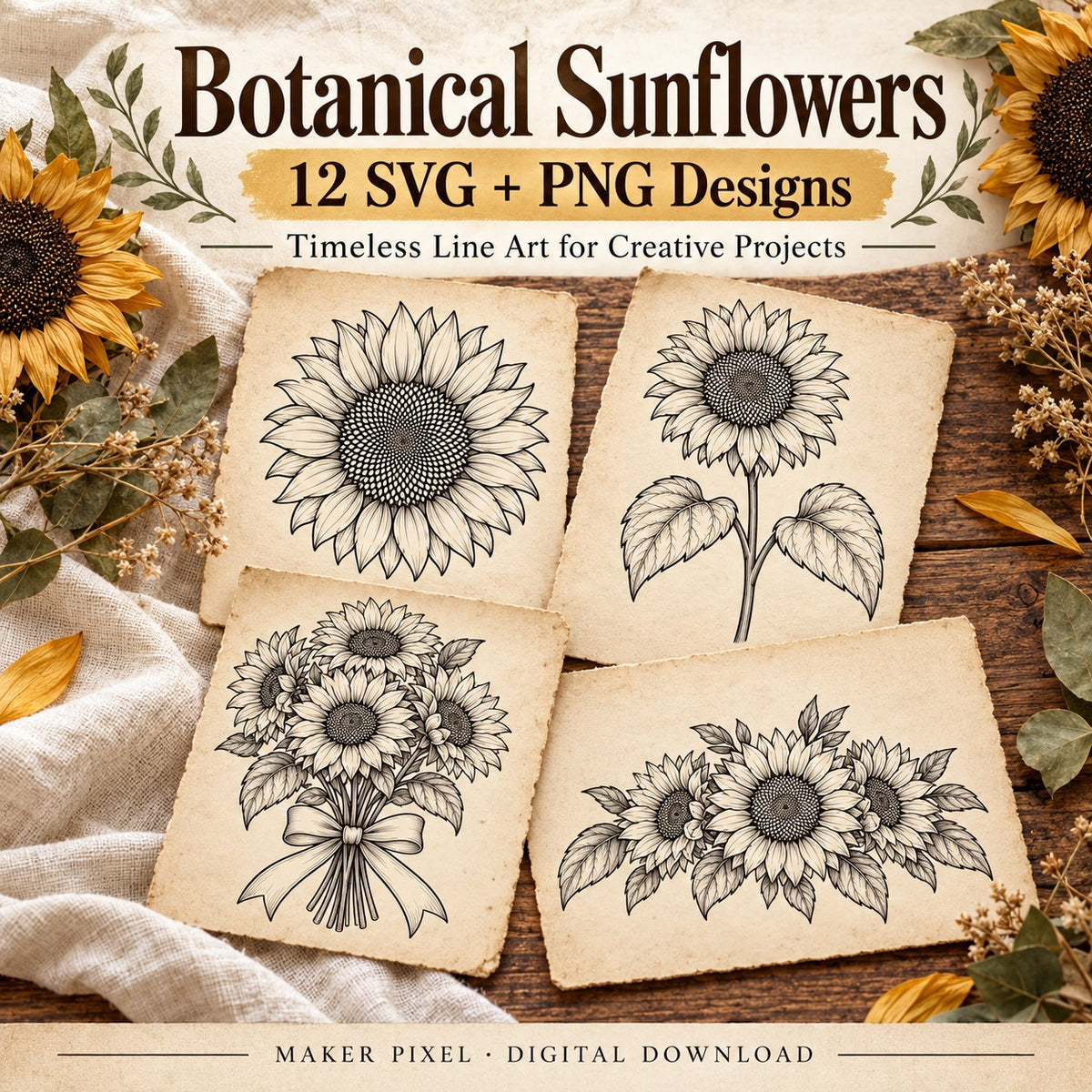 Botanical Sunflowers SVG & PNG Pack – 12 Vintage Line Art Designs