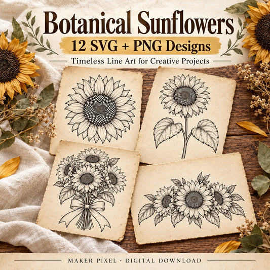 Botanical Sunflowers SVG & PNG Pack – 12 Vintage Line Art Designs