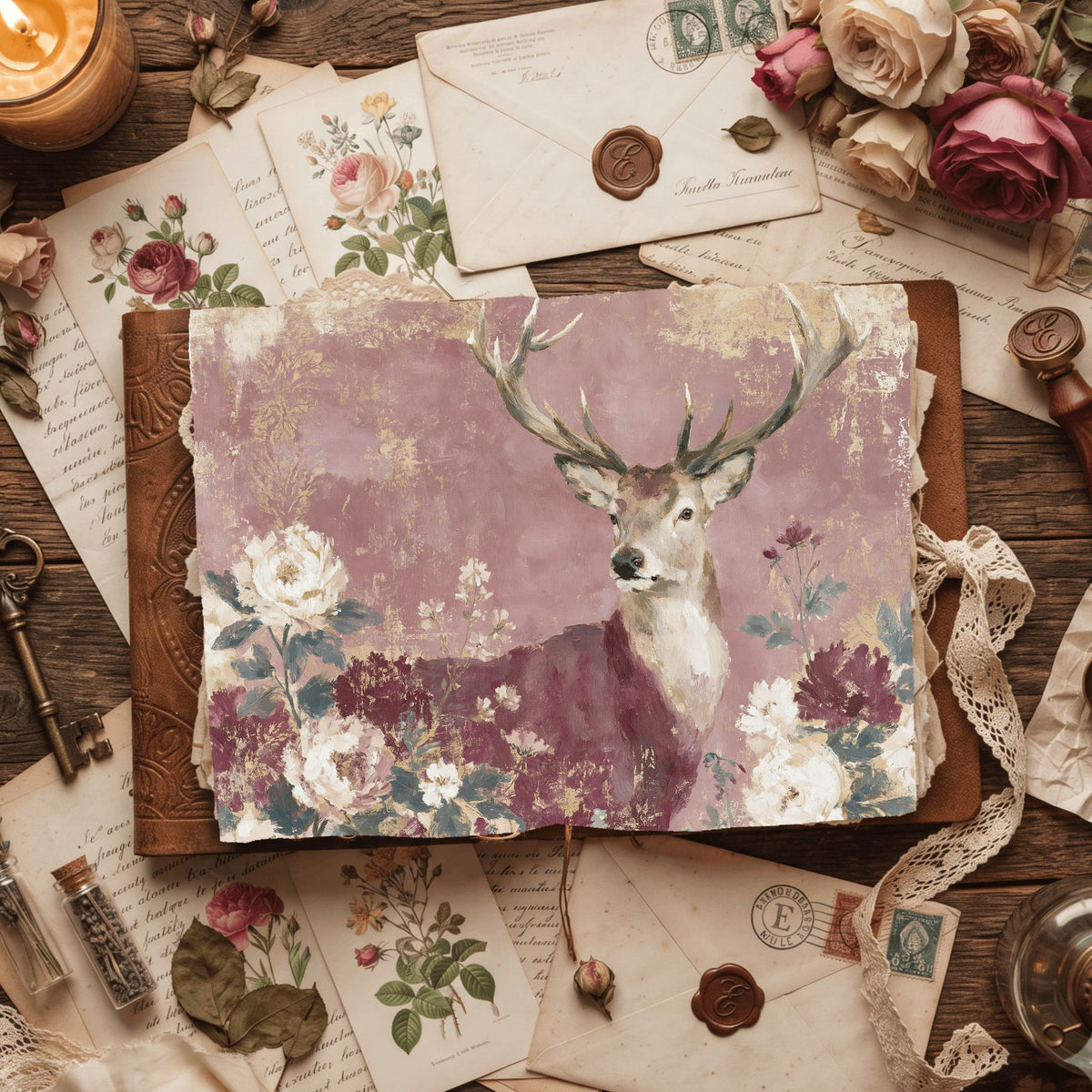 Majestic Stag Damask Botanical Art