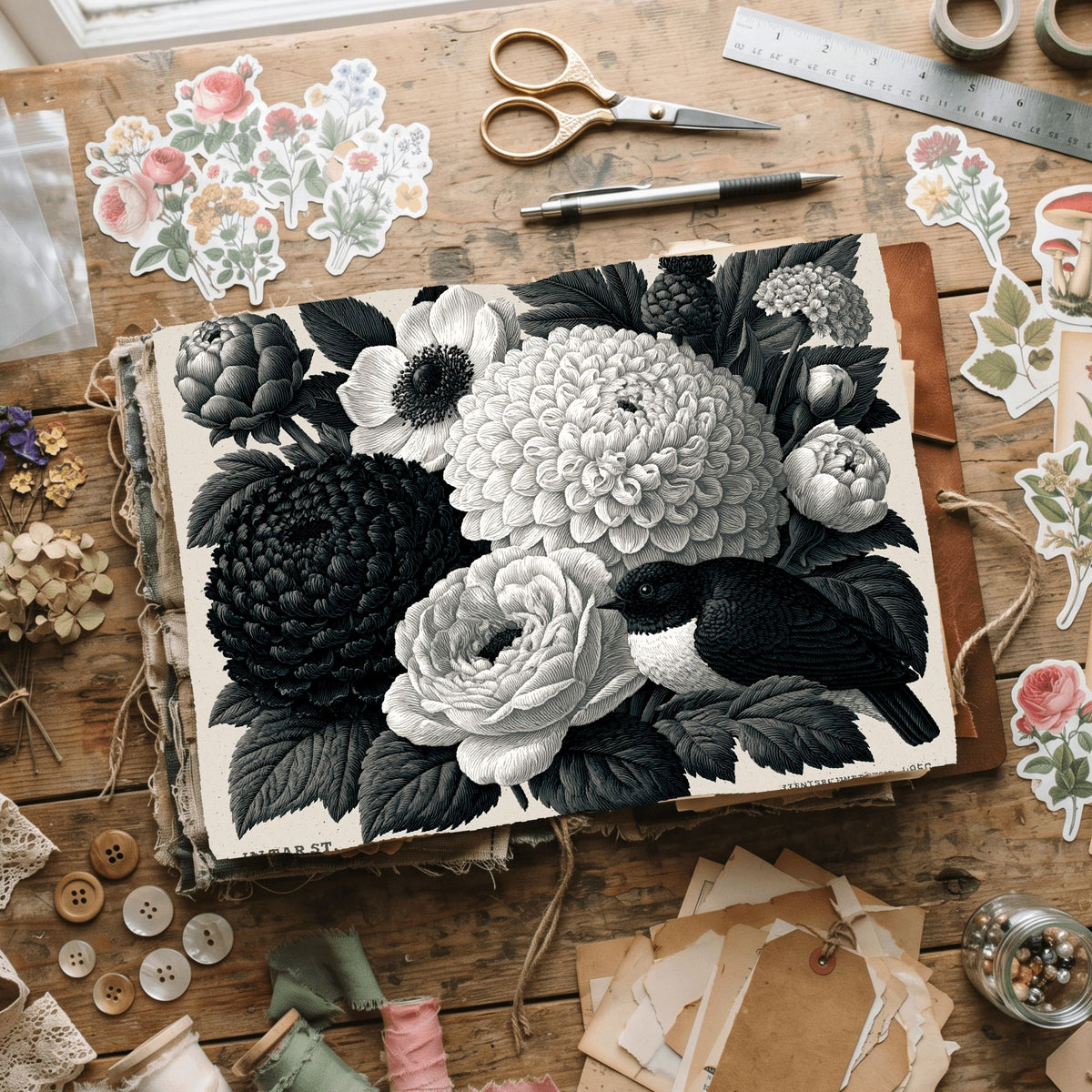 Vintage Black Ink Floral Illustration