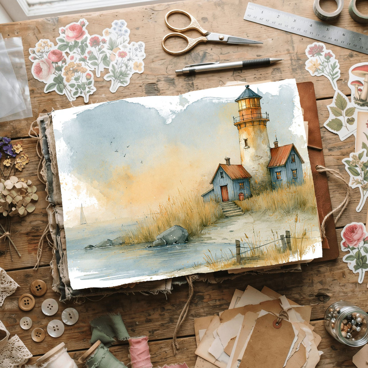 Watercolor Lighthouse Coastal Scene