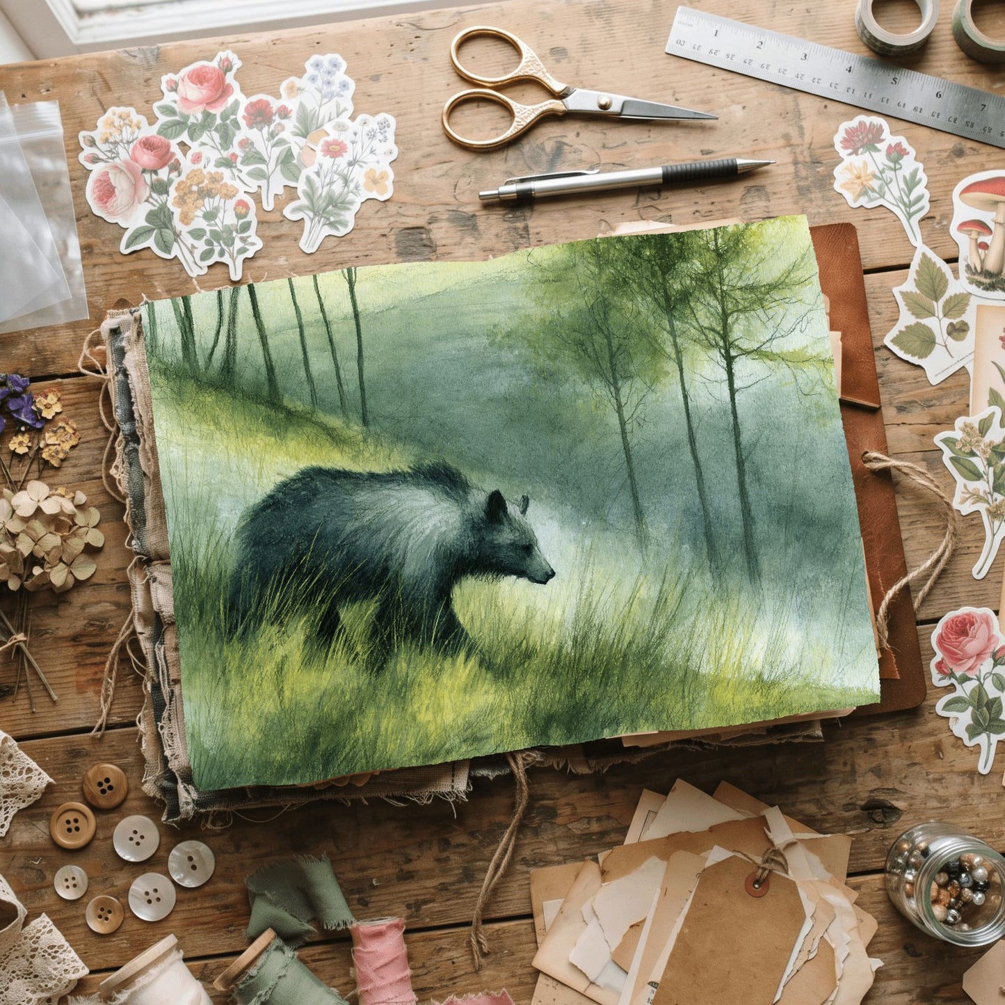 Woodland Bear Watercolor Landscape