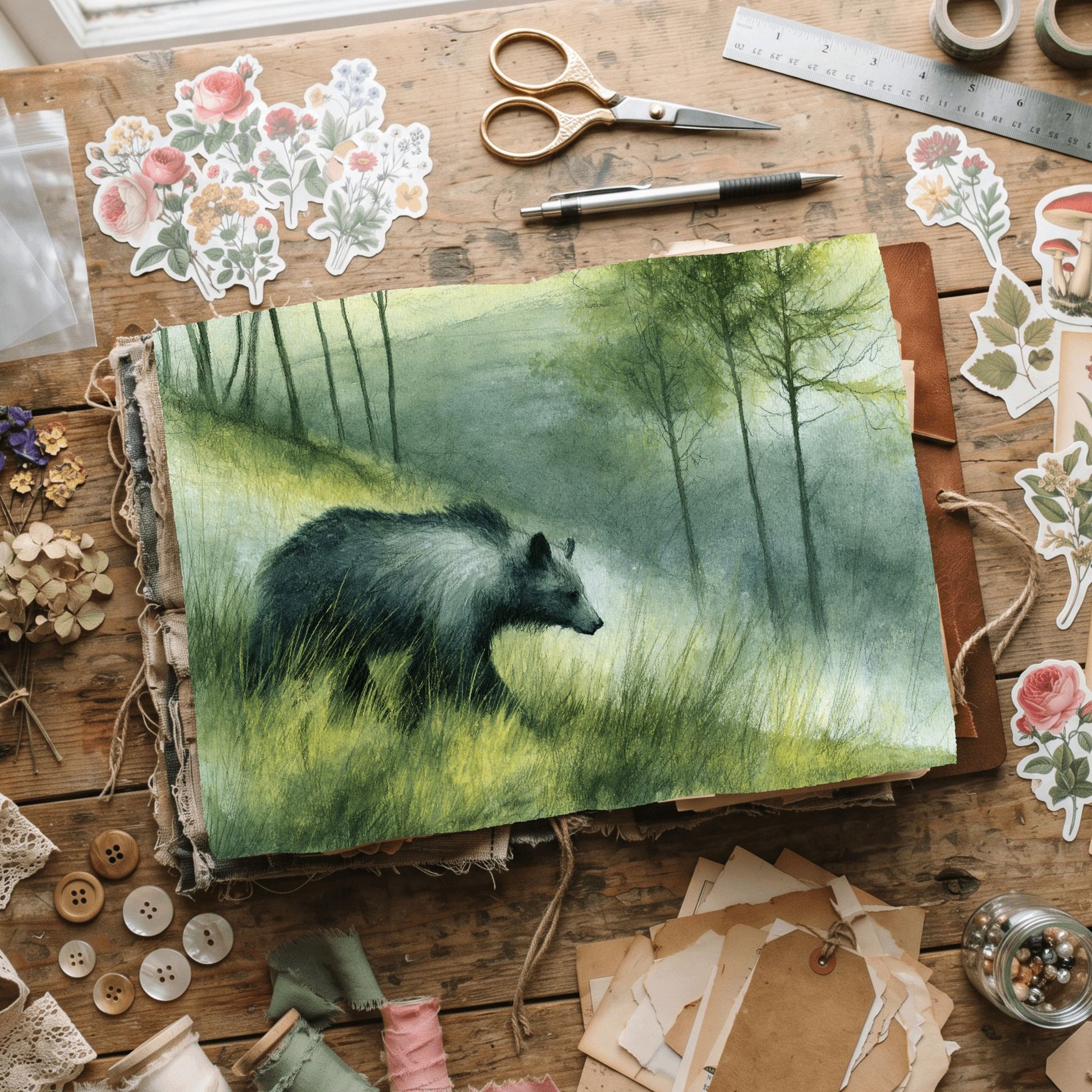 Woodland Bear Watercolor Landscape